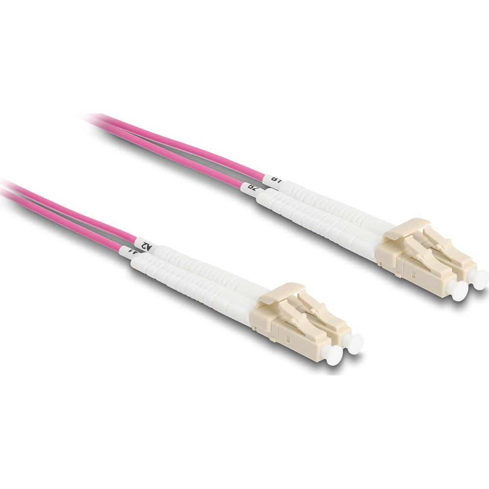 Due cavi in fibra ottica rosa con connettori ed etichette bianche.