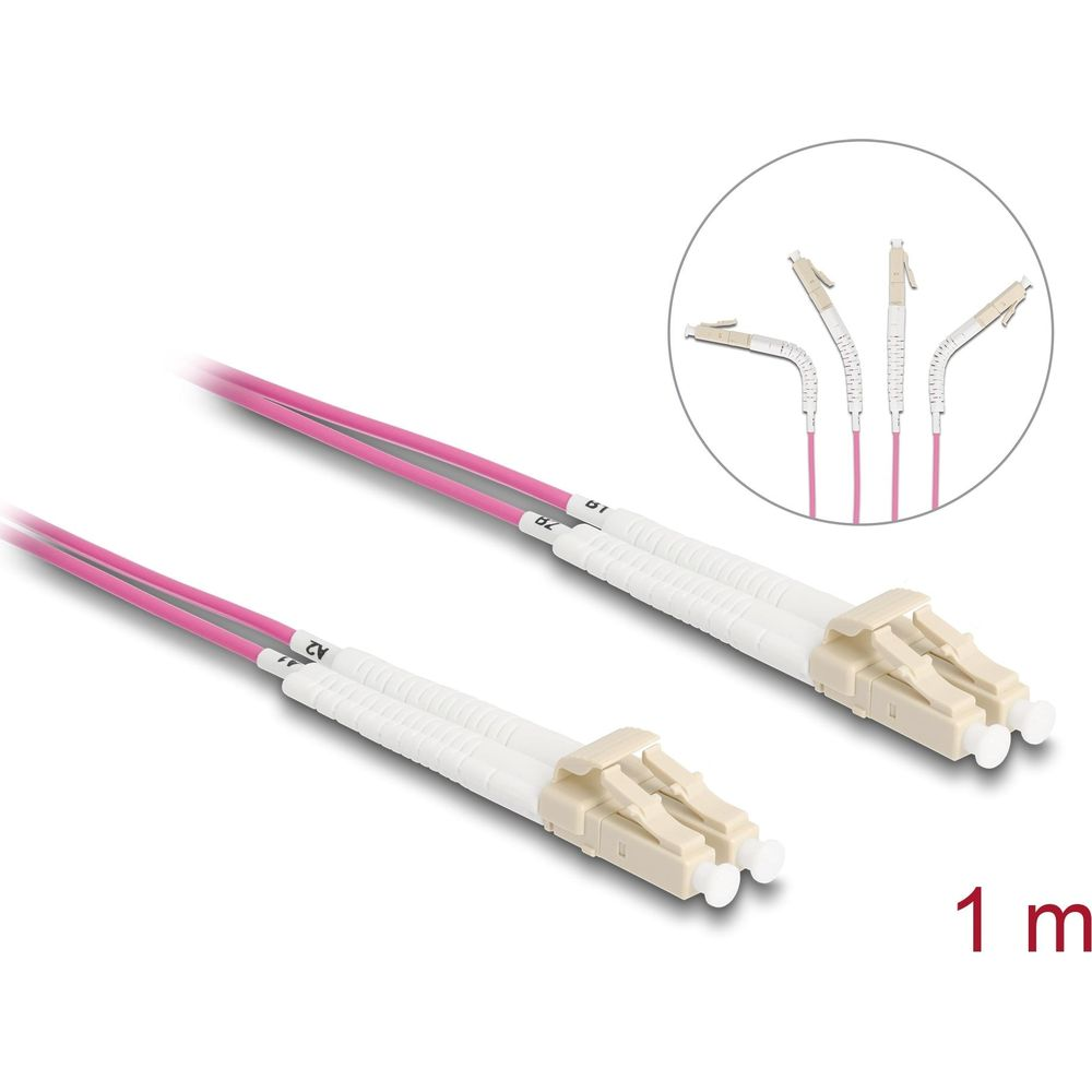 Due cavi in fibra ottica rosa con connettori bianchi e indicatore di 1 m.