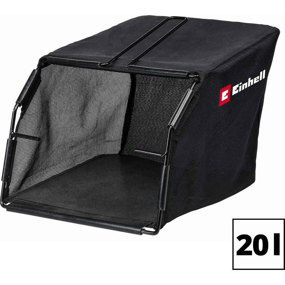 Schwarzer Rasenmäherfangkorb mit Einhell-Logo und 20 l Volumenanzeige.