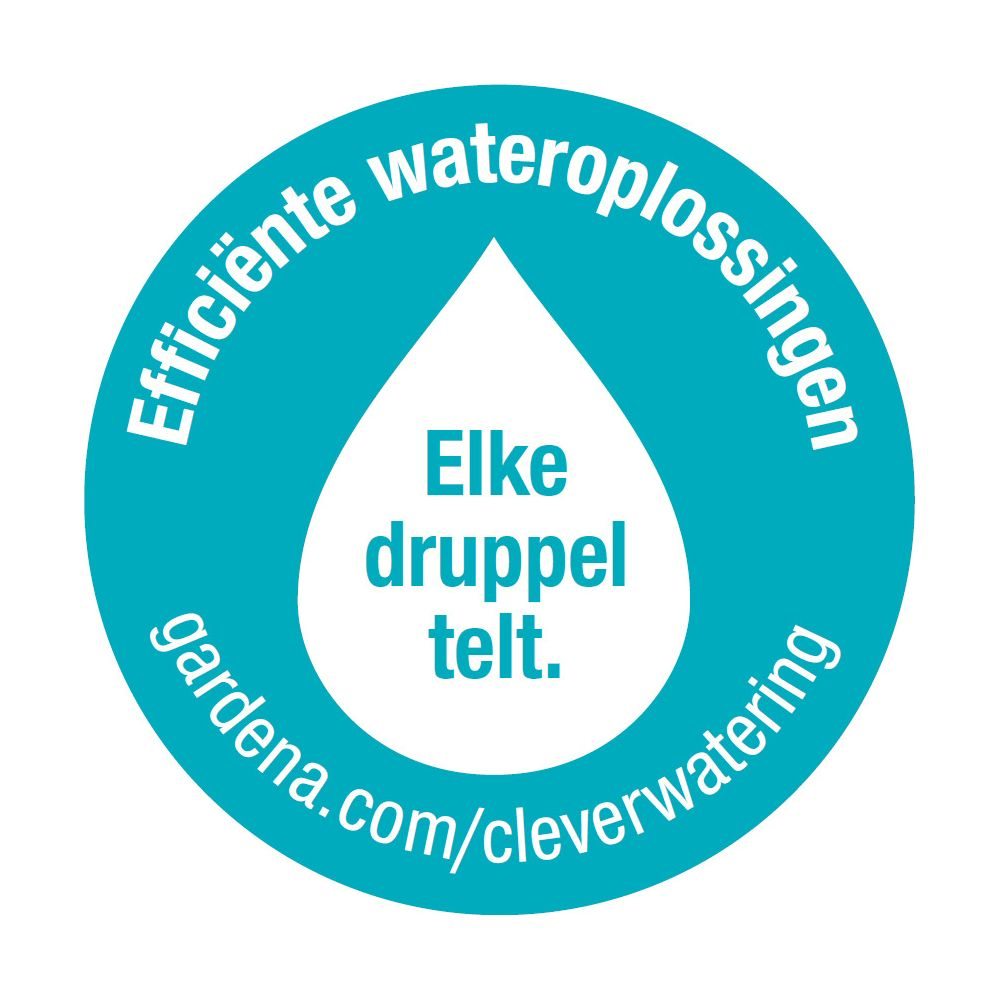 Blauer Kreis mit Wassertropfen-Symbol. Text: Effiziente Wasserlösungen. Elke druppel telt.