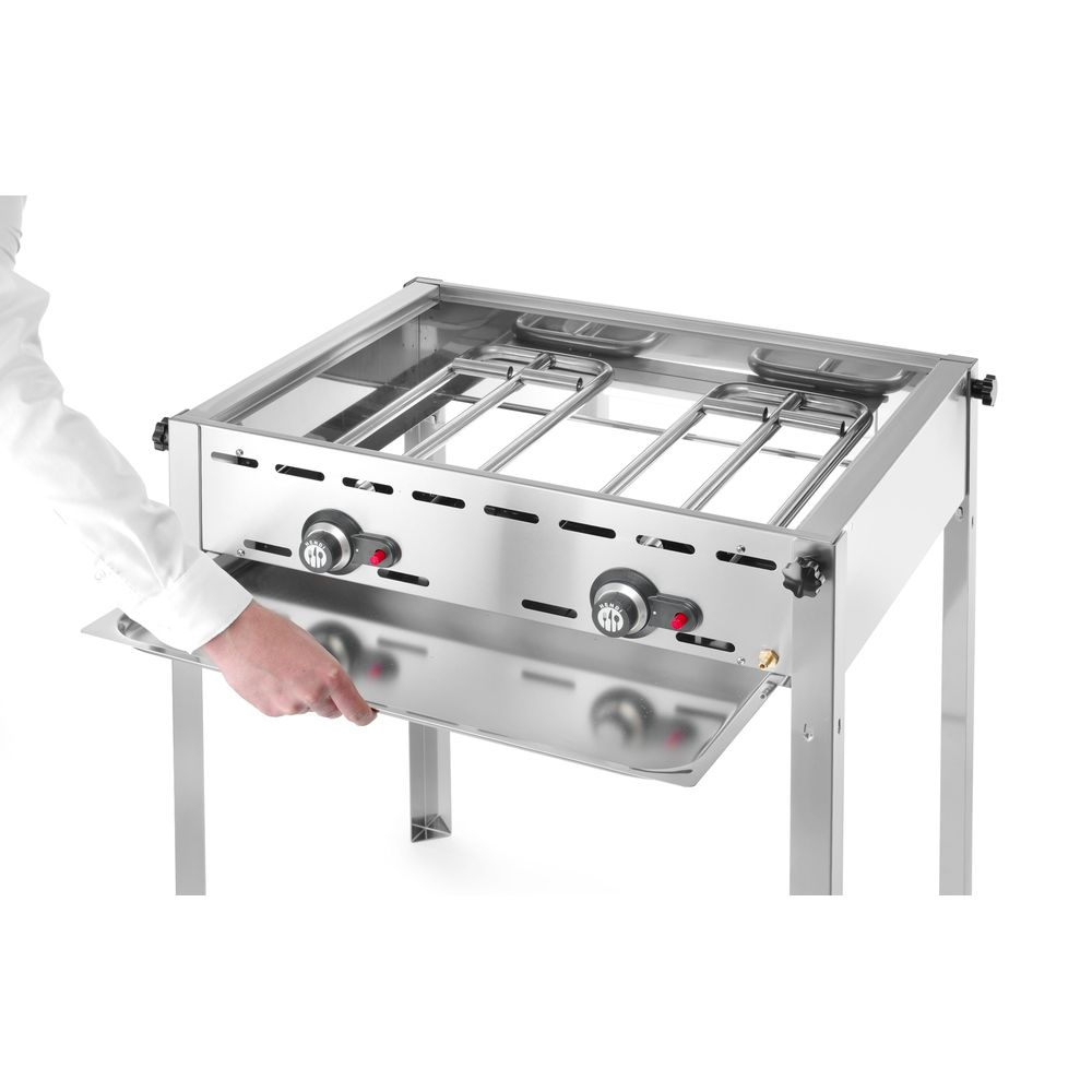 Fornello doppio in acciaio inox con due piani cottura, due manopole e vaschetta raccogligocce.