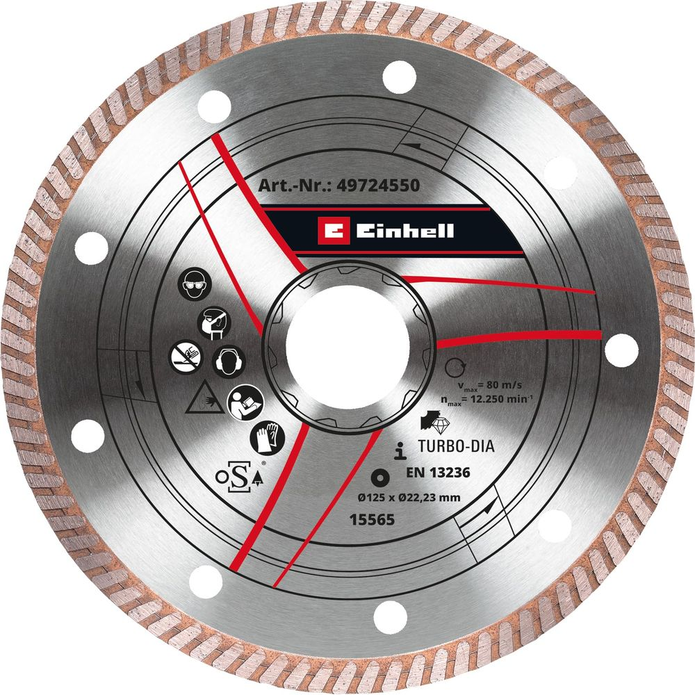 Einhell Turbo-Dia Trennscheibe mit Symbolen für Sicherheit und technischen Daten.