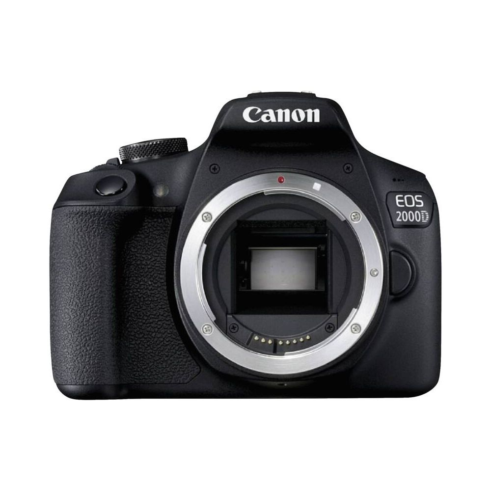 Eine schwarze Canon EOS 2000D Kamera ohne Objektiv, mit Fokus auf das Objektivbajonett.