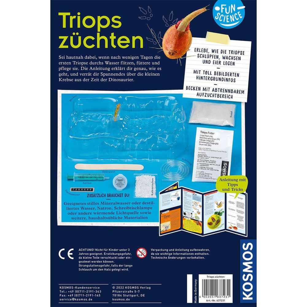 Ein Triops-Zucht-Set mit Anleitung, Futter, Sand und Zubehör.
