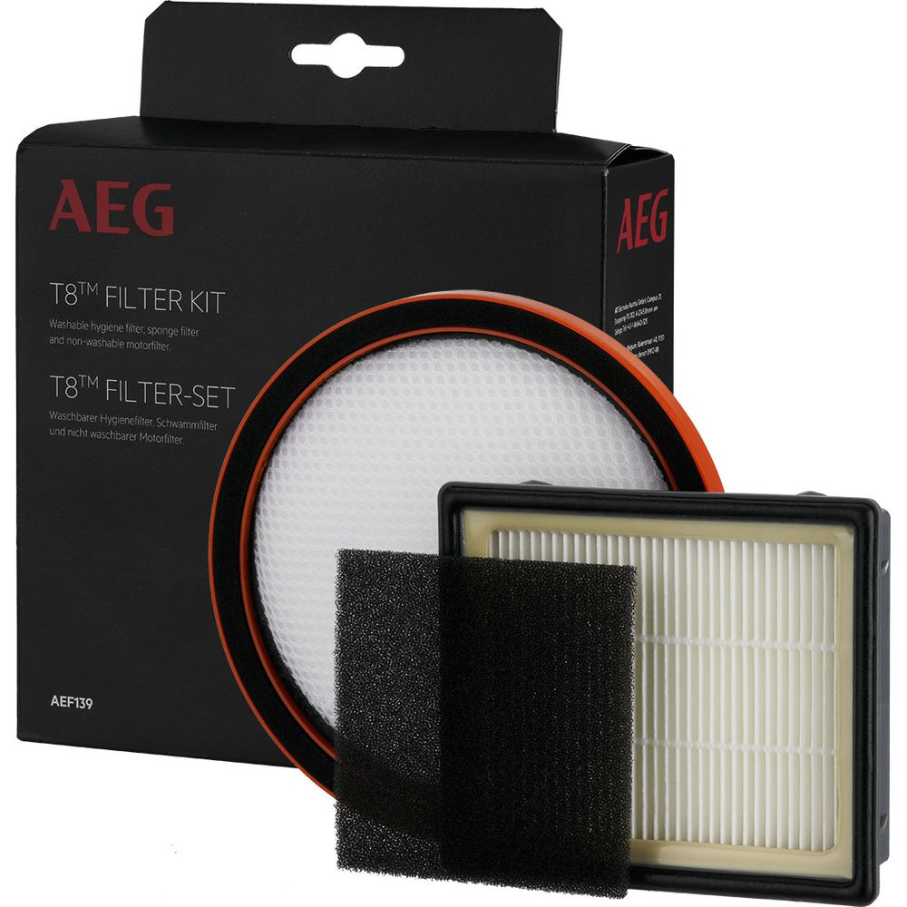Kit filtri AEG T8 con filtro rotondo, filtro spugna e filtro motore.