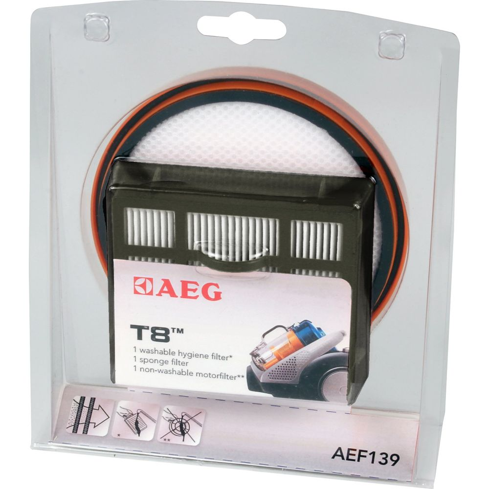 Set filtri AEG T8 con filtro igienico lavabile, filtro spugna e filtro motore.