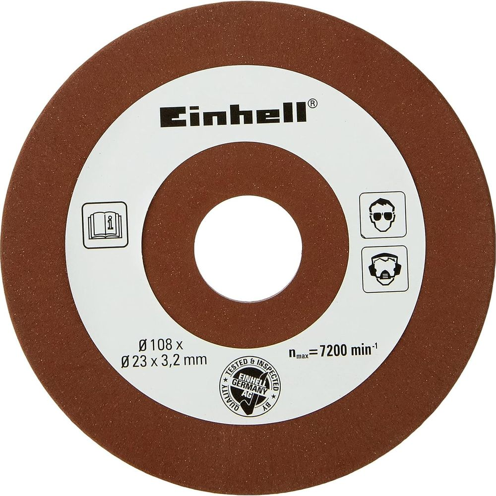 Braune Schleifscheibe mit Einhell-Logo und technischen Daten.
