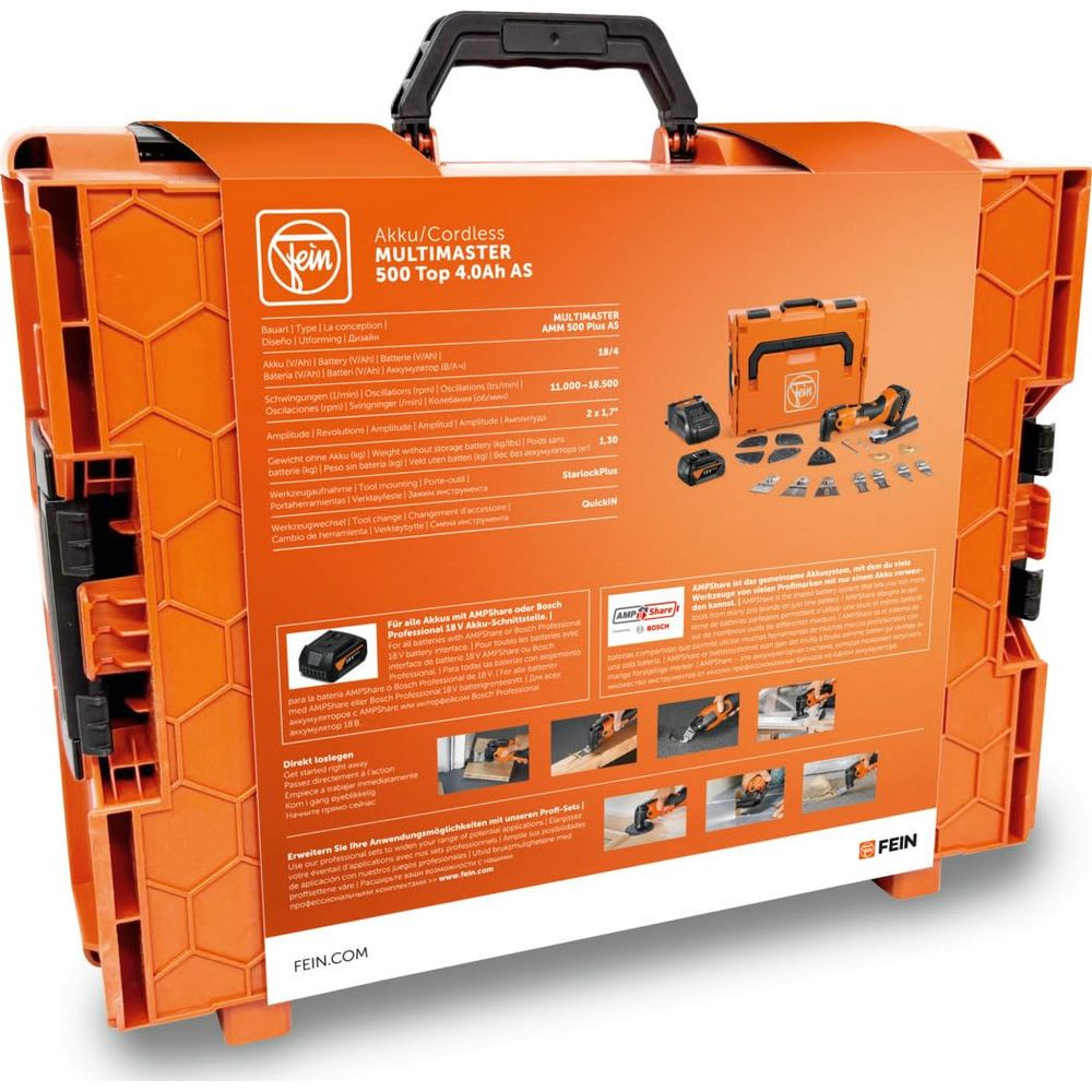Valigetta arancione con utensile Fein Multimaster, batteria e accessori.