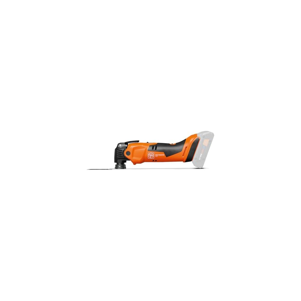 Un utensile multifunzione arancione con pacco batteria su superficie bianca.