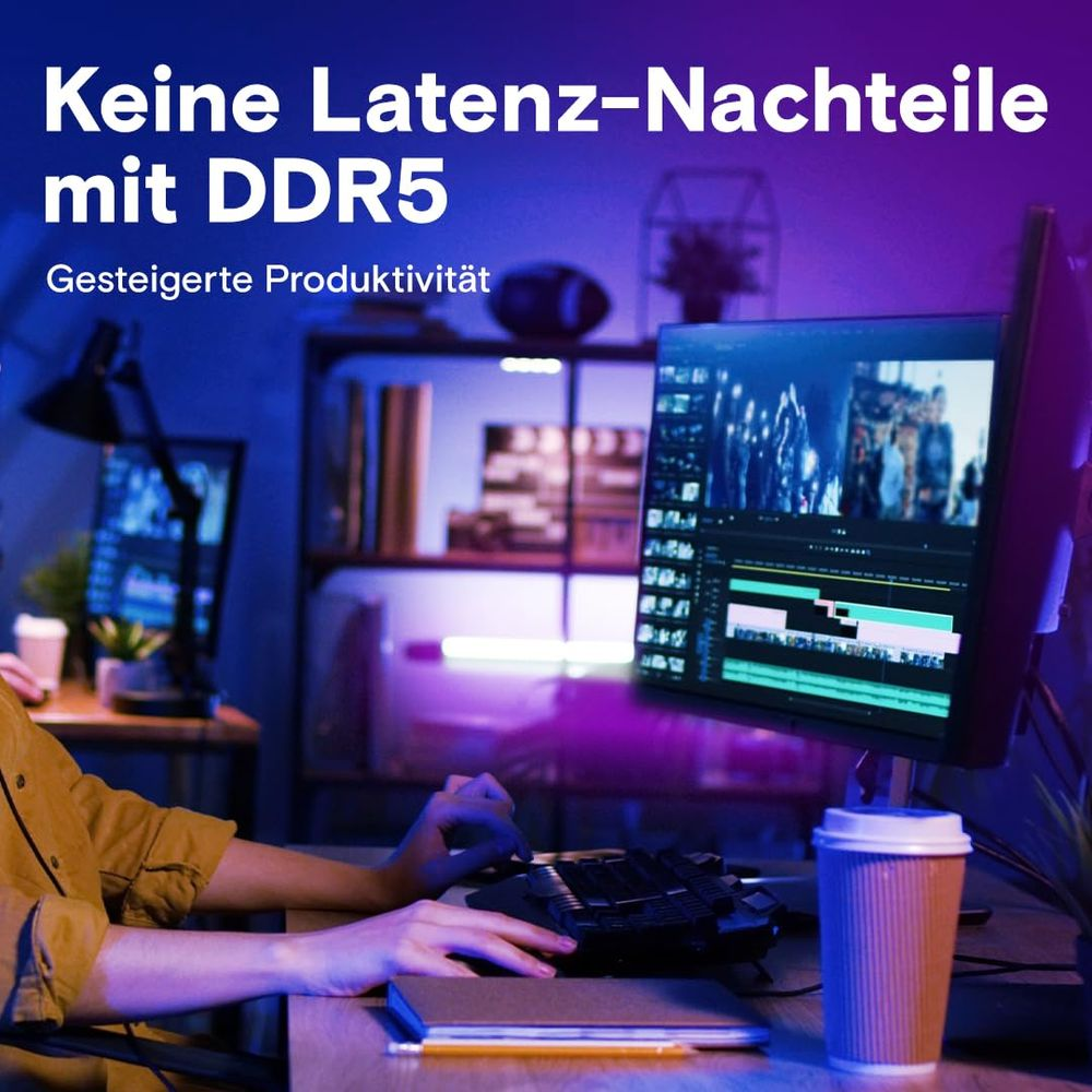 Une personne monte une vidéo sur un ordinateur avec RAM DDR5, avec un texte sur la productivité.