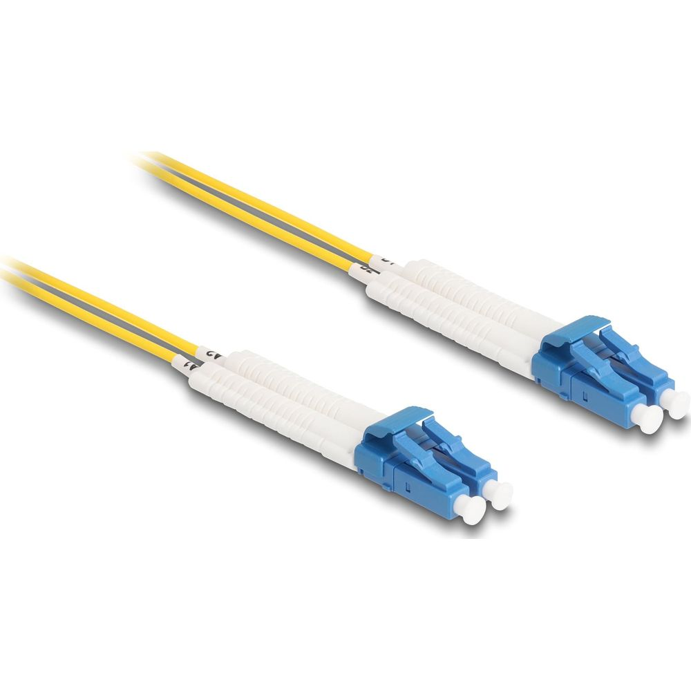 Due cavi in fibra ottica gialli con connettori bianchi e fermi blu.
