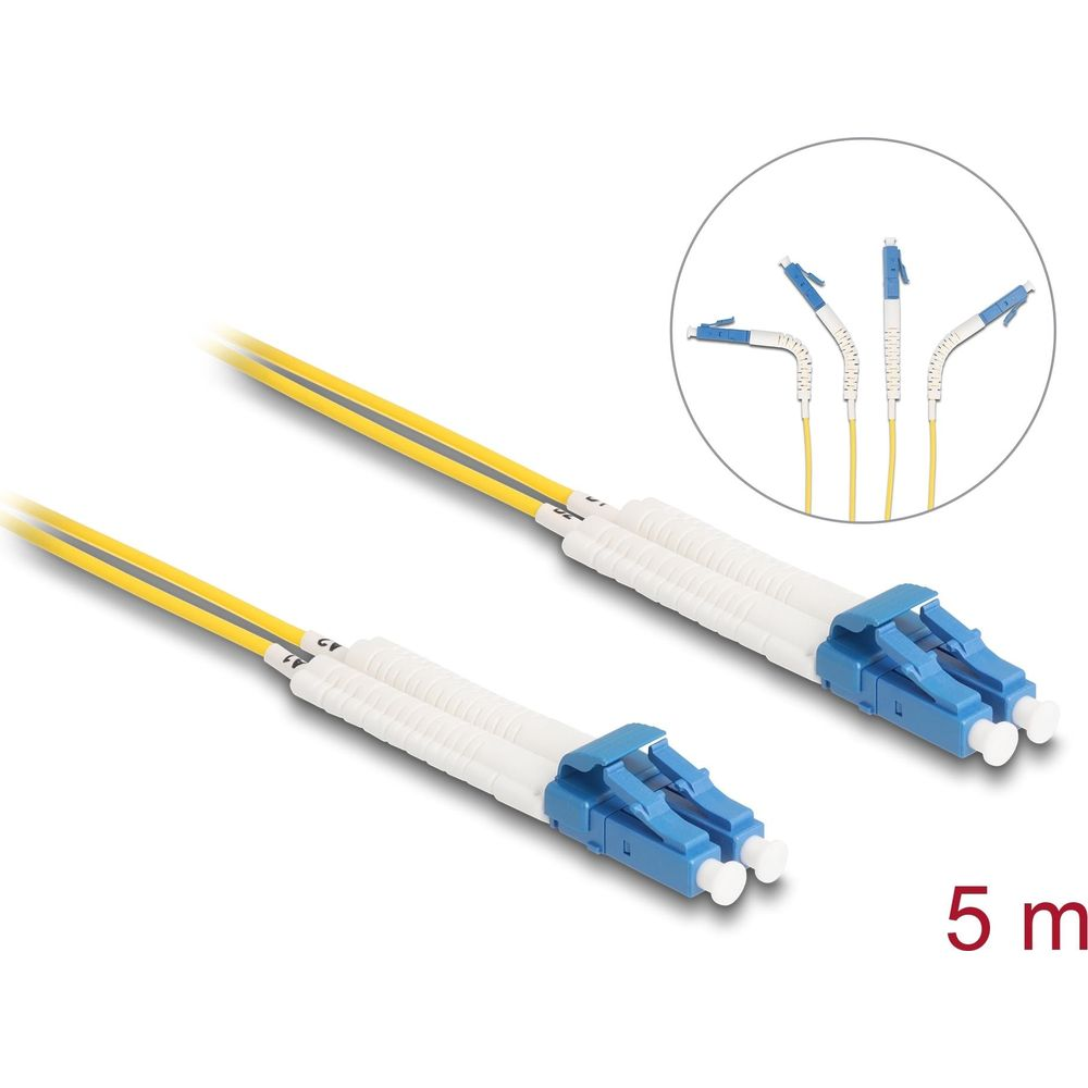 Due cavi in fibra ottica gialli con connettori bianchi e chiusure blu.