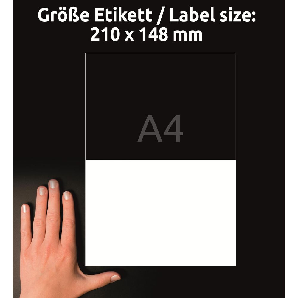 Hand neben einem Etikett der Größe 210x148 mm mit A4-Aufschrift.