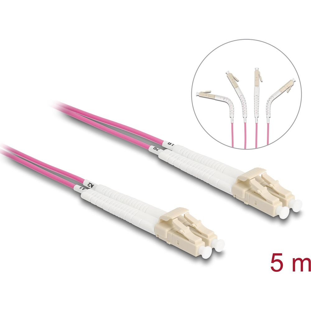 Due cavi in fibra ottica rosa con connettori bianchi, lunghezza 5m.