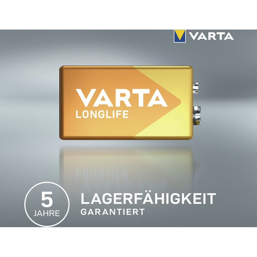 Batterie Varta Longlife sur fond gris avec 5 ans de durée de conservation.