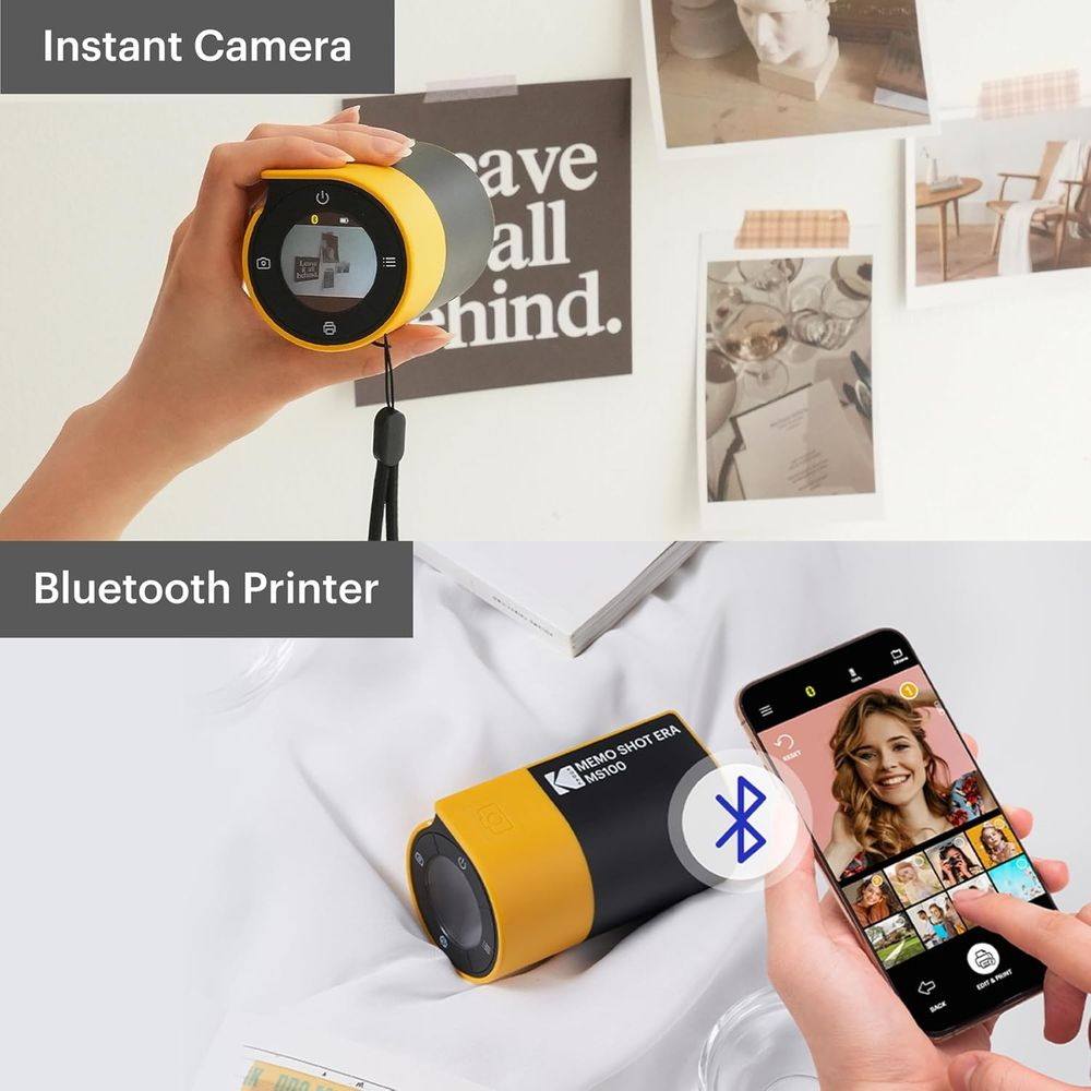 Fotocamera istantanea gialla in mano; stampante accanto ad app.