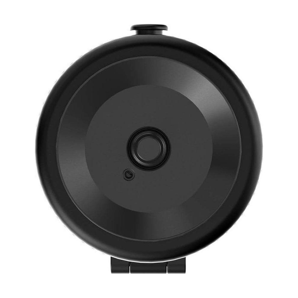 Czarne, okrągłe urządzenie z centralną soczewką i małą lampką kontrolną, na białym tle.