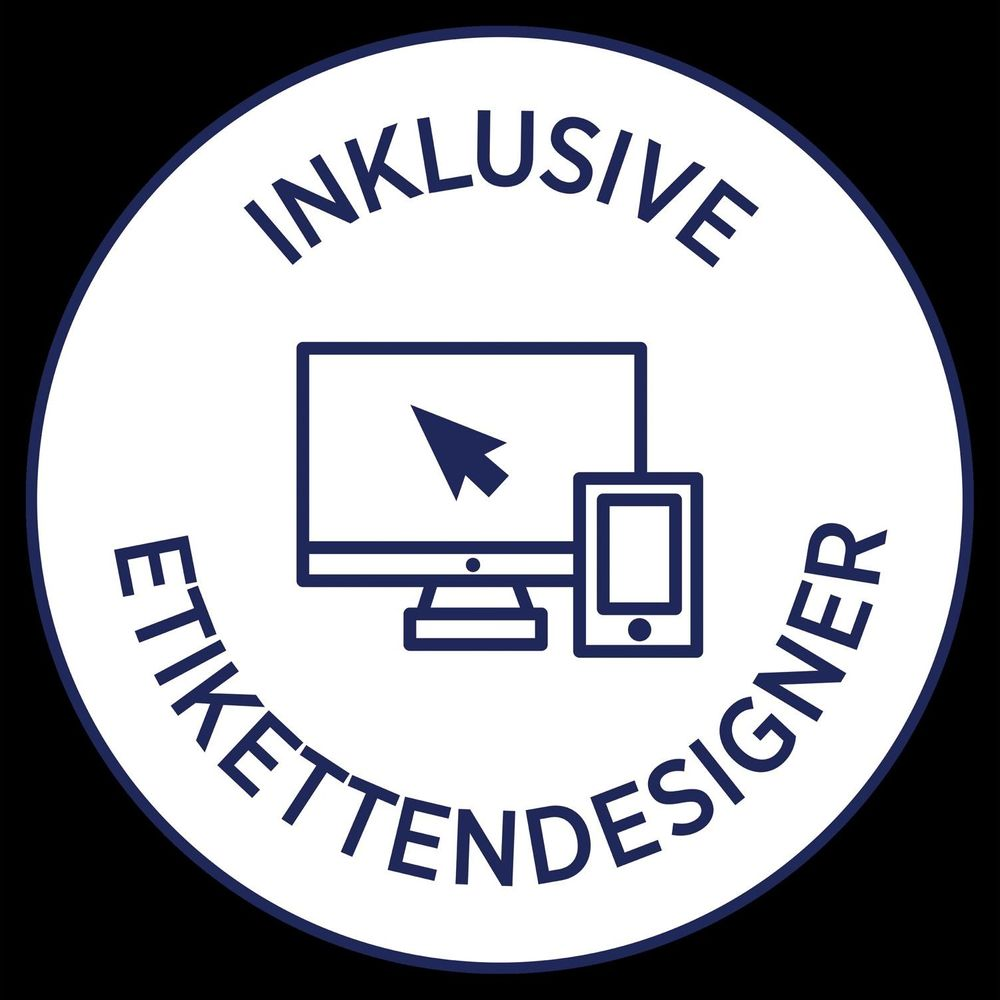 Logo mit Computer, Tablet und Mauszeiger. Text: Inklusive Etikettendesigner.