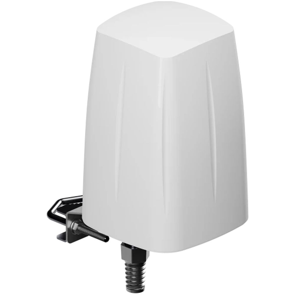Weiße Antenne mit Metallbefestigung und schwarzem Kabelanschluss.