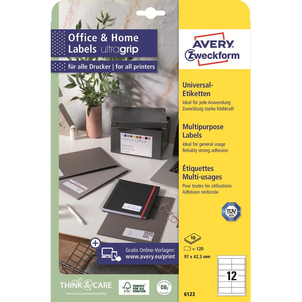 Verpackung für Avery Zweckform Etiketten mit Büro- und Heimanwendung.