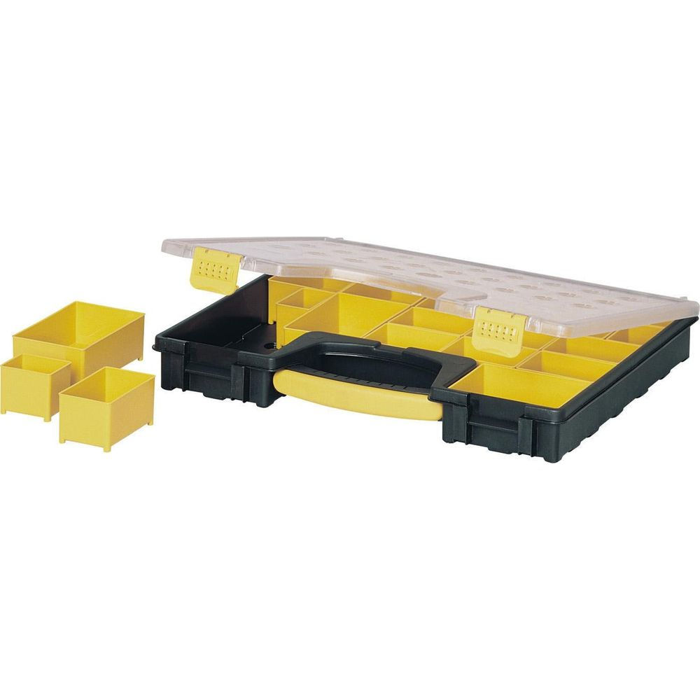 Un organizador abierto negro y amarillo con múltiples compartimentos y tapa transparente.