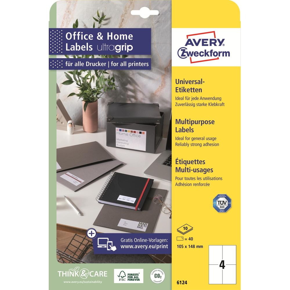 Verpackung für Avery Zweckform Etiketten mit Büromotiv.
