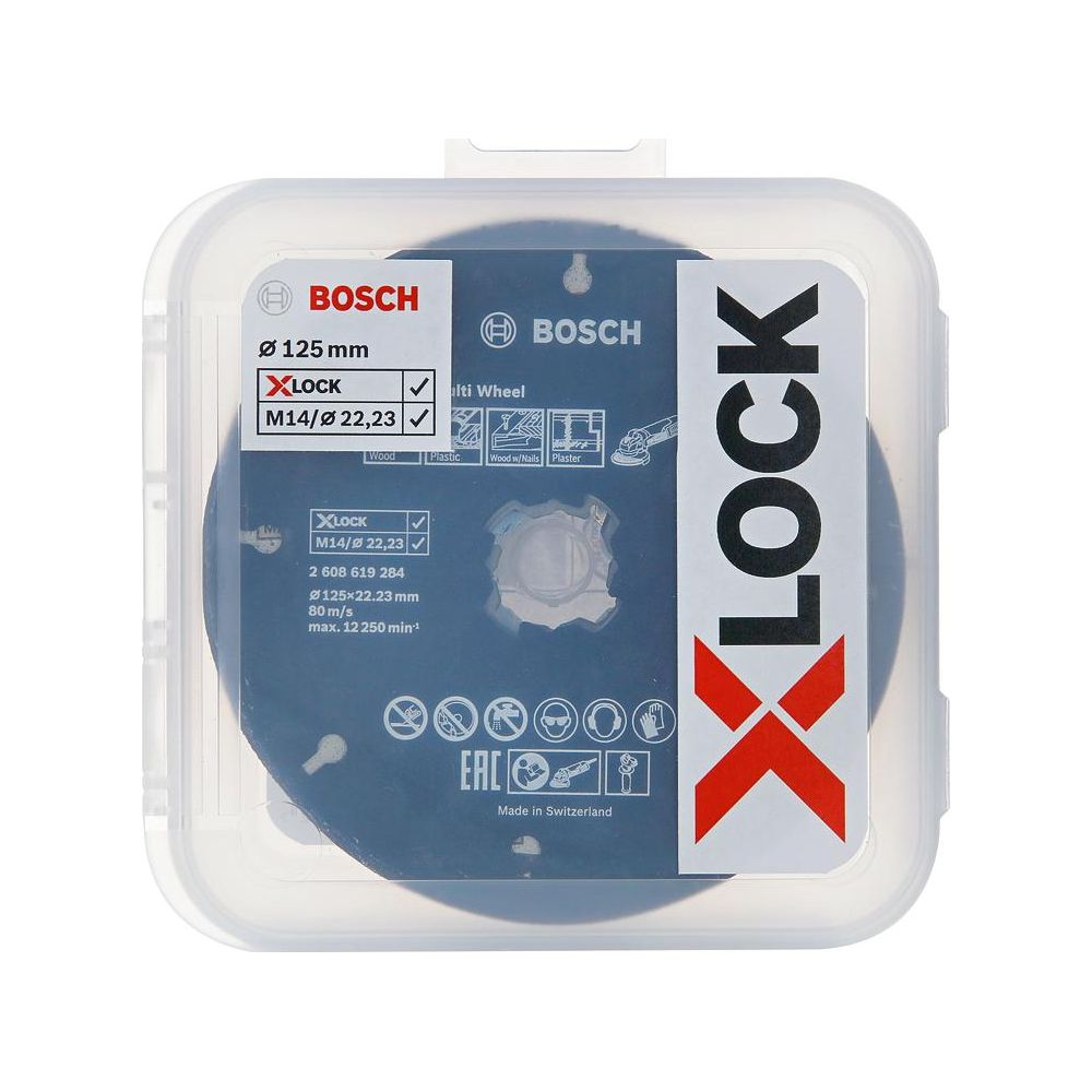 Disco da taglio Bosch XLOCK 125mm in custodia di plastica bianca. Dettagli su confezione.