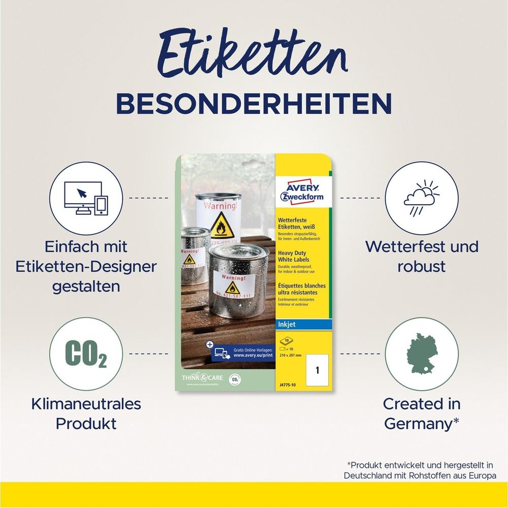 Produktinformationen für Avery Zweckform wetterfeste Etiketten, weiß, inkjet. Mit Icons für Design, Wetterfestigkeit, CO2-Neutralität und Herkunft.