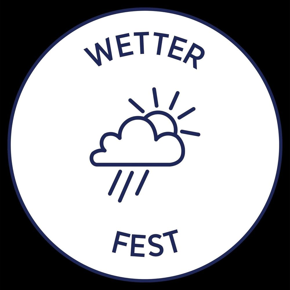 Logo mit Text Wetter Fest, zeigt Sonne hinter Wolke mit Regenlinien.