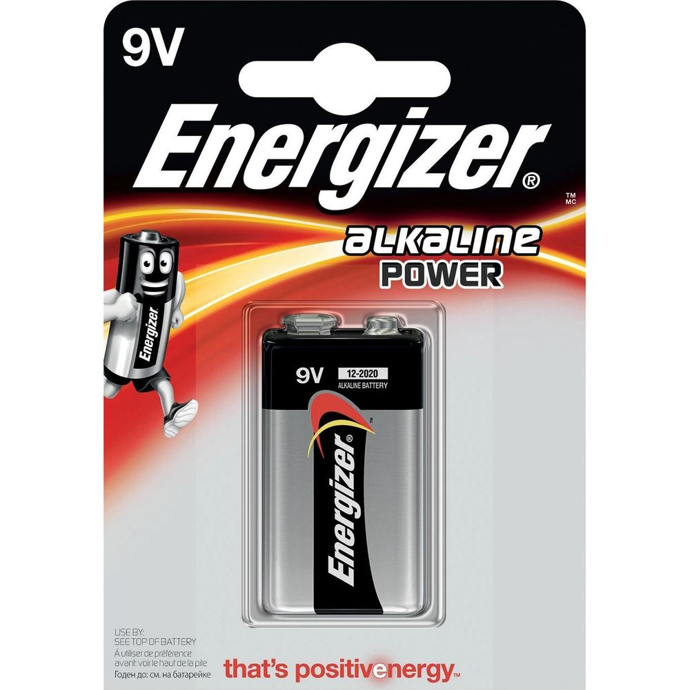 Bateria alkaliczna Energizer 9V w blistrze z maskotką z kreskówki.