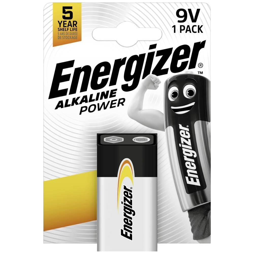 Opakowanie baterii Energizer 9V z ramieniem z kreskówki i zbliżeniem baterii.