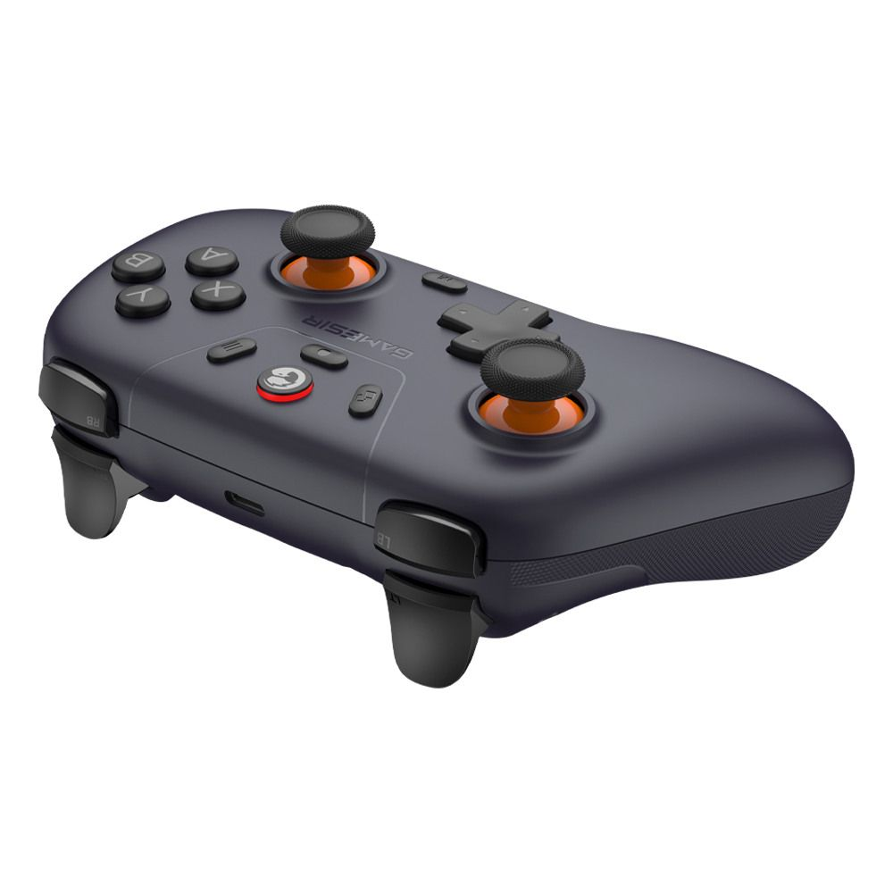 Une manette de jeu gris foncé avec des accents orange et des joysticks noirs.