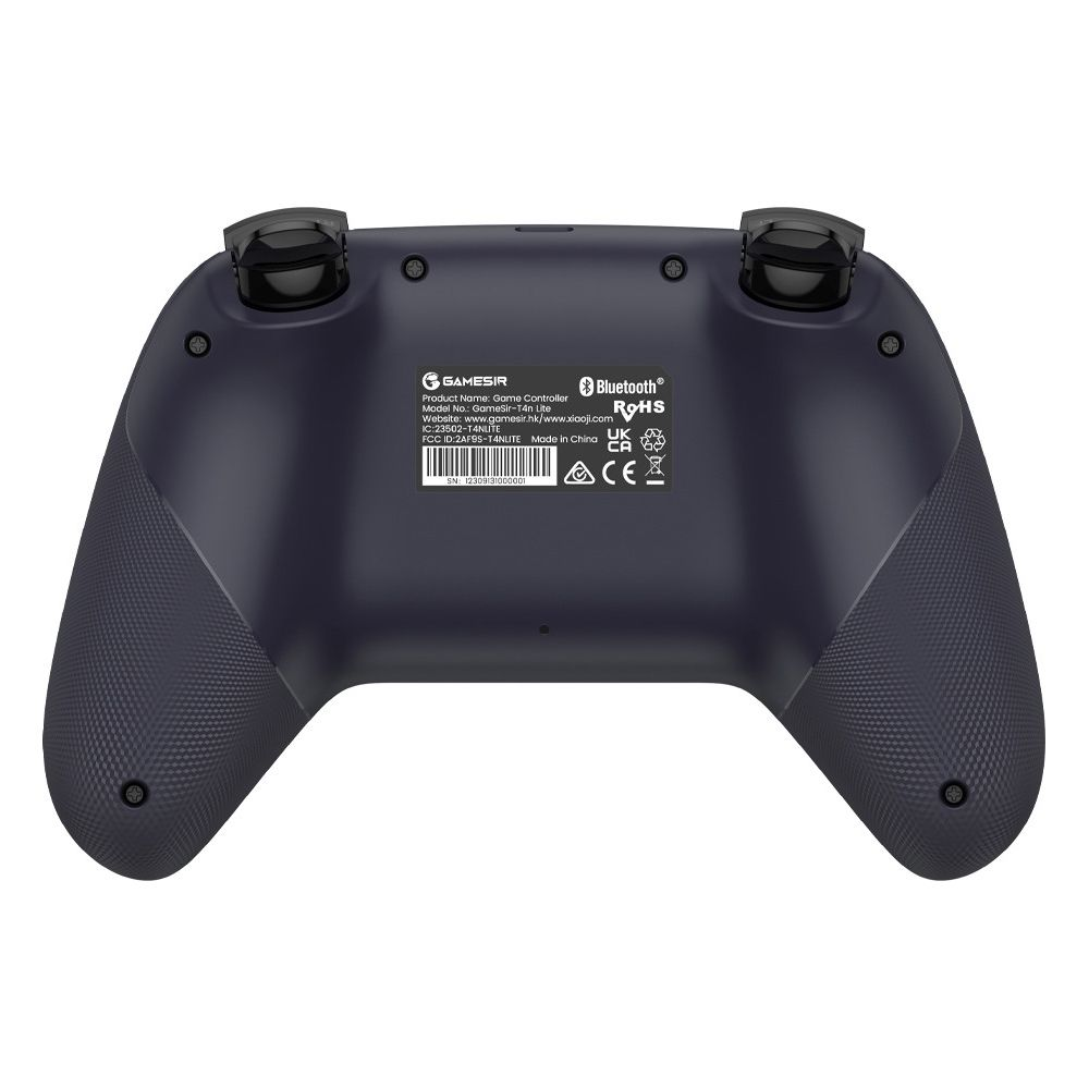 Manette de jeu bleu foncé vue de dos, avec logo de marque et sceaux de certification.