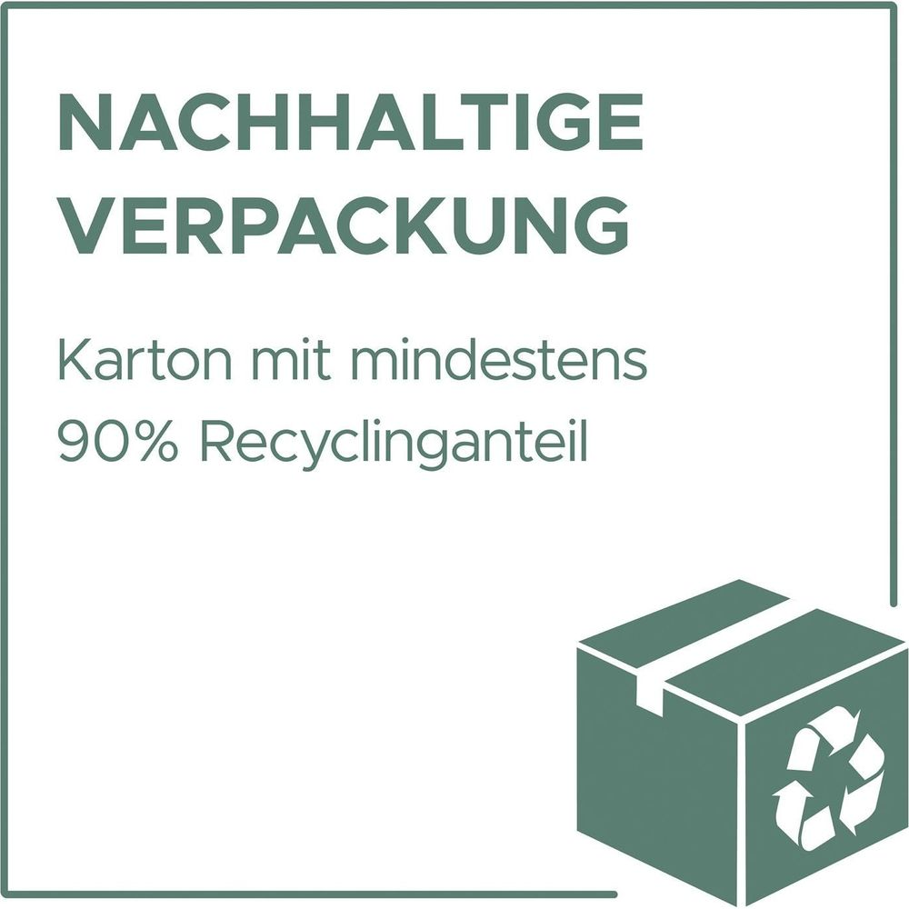 Nachhaltige Verpackung, Karton mit 90% Recyclinganteil, mit Symbol.