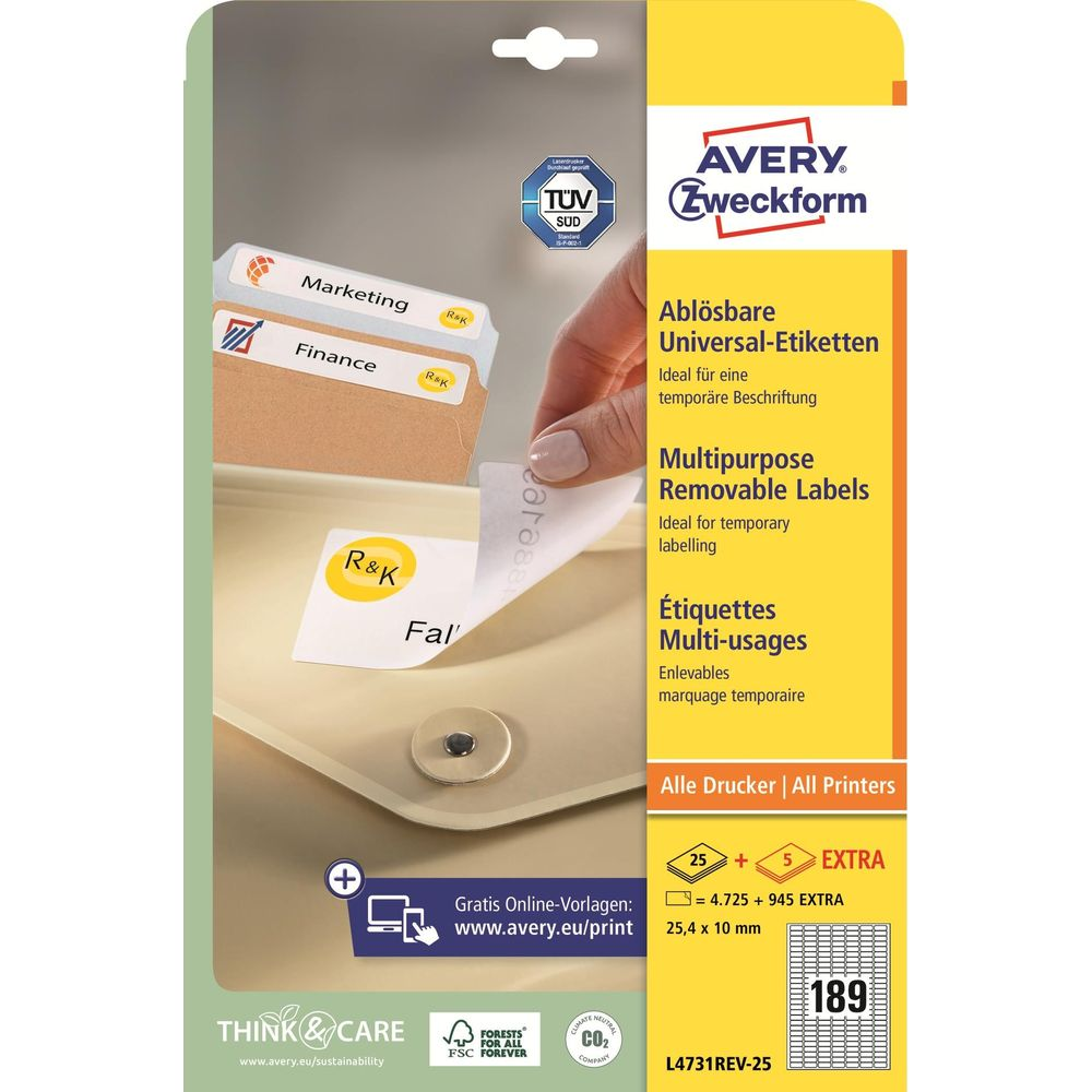 Avery Zweckform Etikettenpackung mit Beschriftungen wie Marketing, Finance, R&K.
