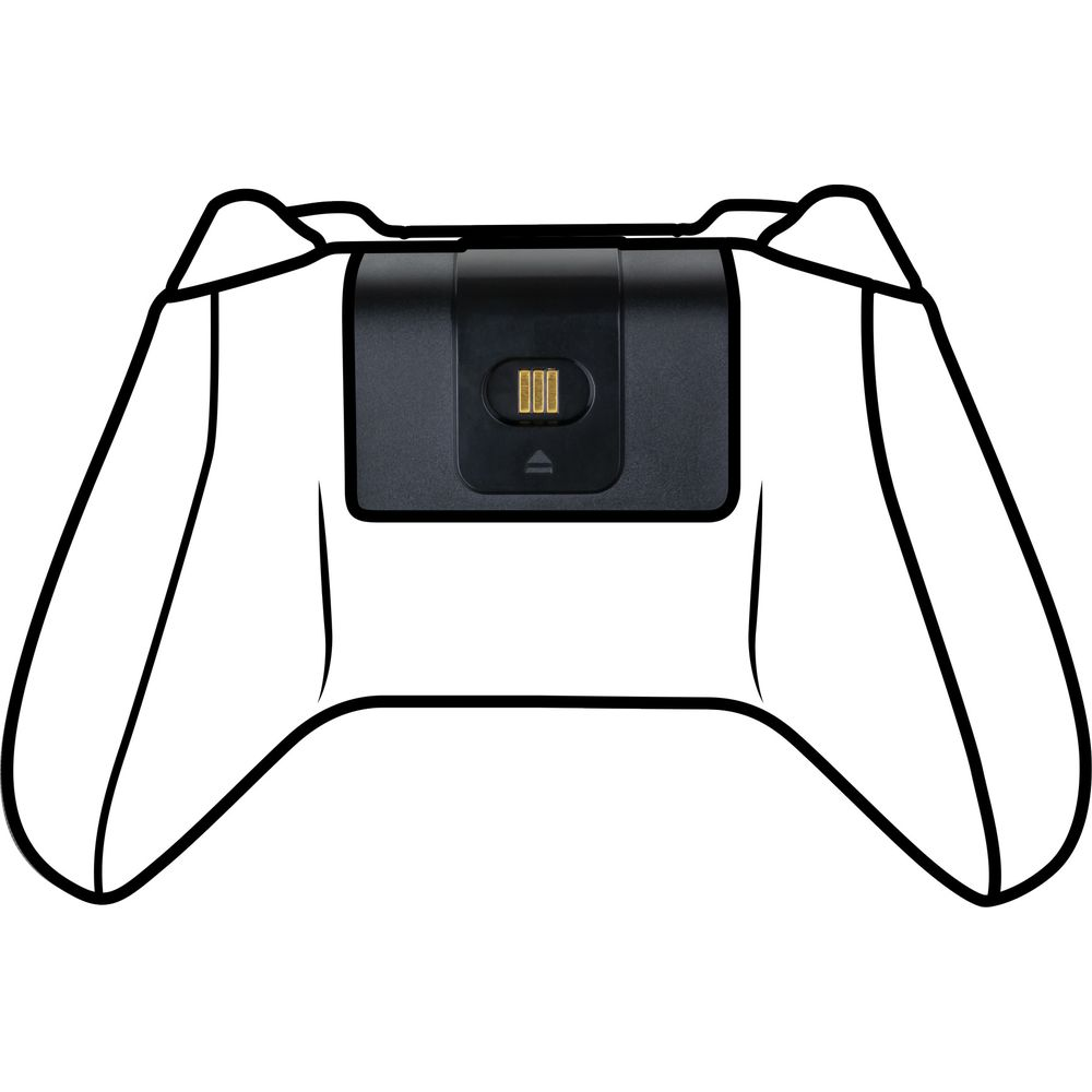 Un pacco batteria nero per un controller con tre contatti di ricarica dorati.