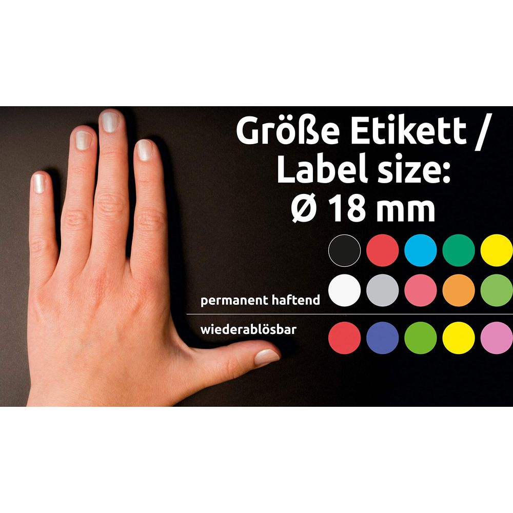Hand neben runden Etiketten in verschiedenen Farben. Größe 18 mm.