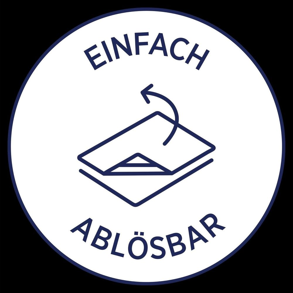 Symbol mit Text 'EINFACH ABLÖSBAR' und Pfeil, der eine Schicht zeigt.