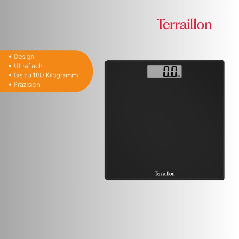 Czarna waga z logo Terraillon i wyświetlaczem cyfrowym 0.0 kg.