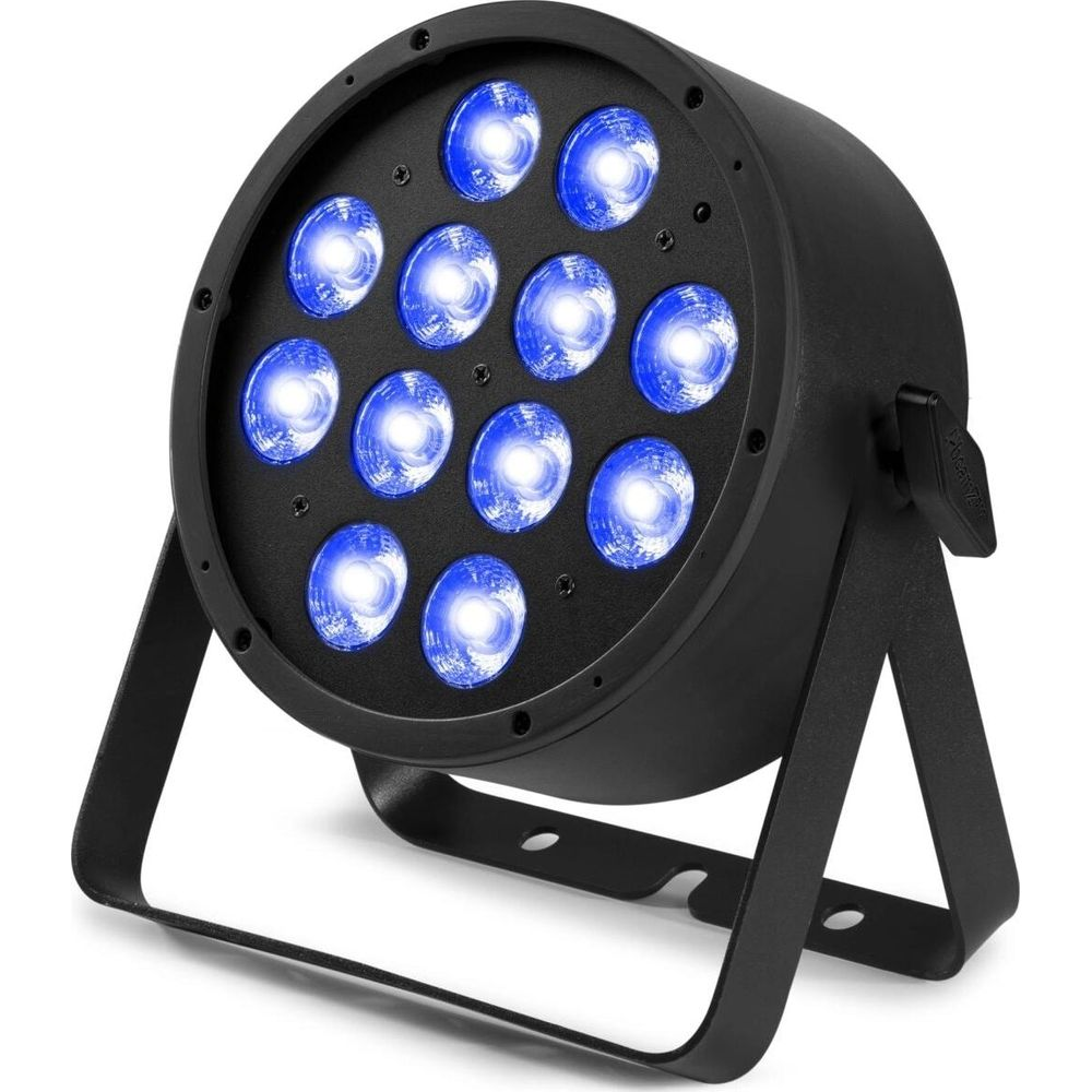 Foco negro con 12 LED azules y soporte negro.