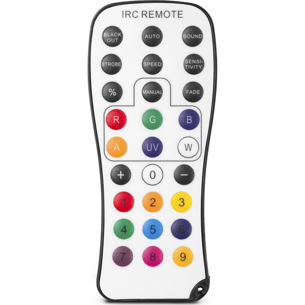 Mando a distancia blanco con muchos botones de colores para luces.