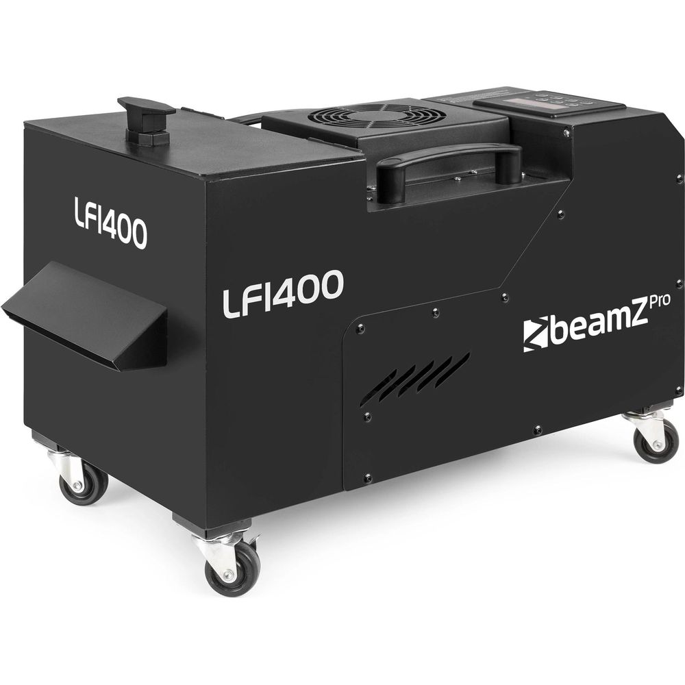 Máquina de humo negro o hielo seco con ruedas y logo "LFI400".