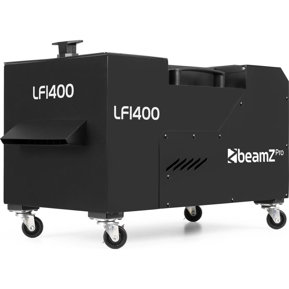 Máquina de humo negra sobre ruedas con logo "LFI400" y "beamZpro".