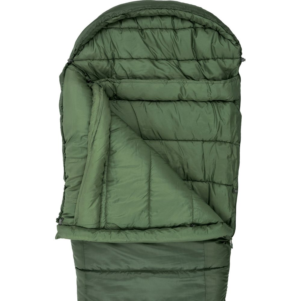 Grüner Schlafsack mit Kapuze, aufgerollt und teilweise geöffnet.