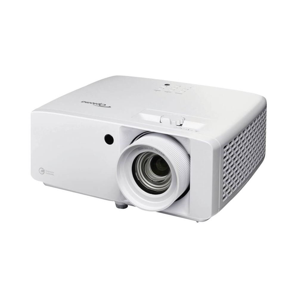 Ein weißer Optoma Projektor mit Linse und Lüftungsschlitzen.