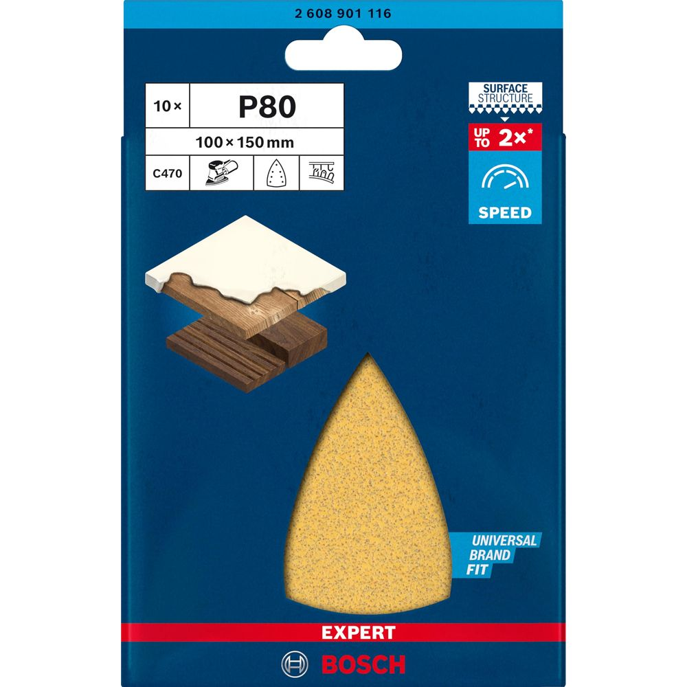 Bosch Schleifpapier P80, 100x150mm, 10 Stück, Expert Serie.