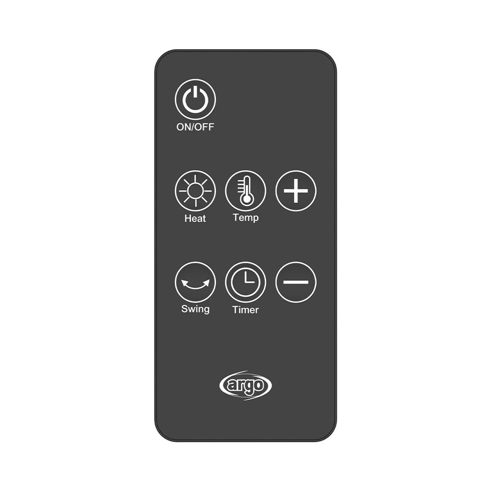 Telecomando nero con pulsanti On/Off, Calore, Temp, Oscillazione, Timer.