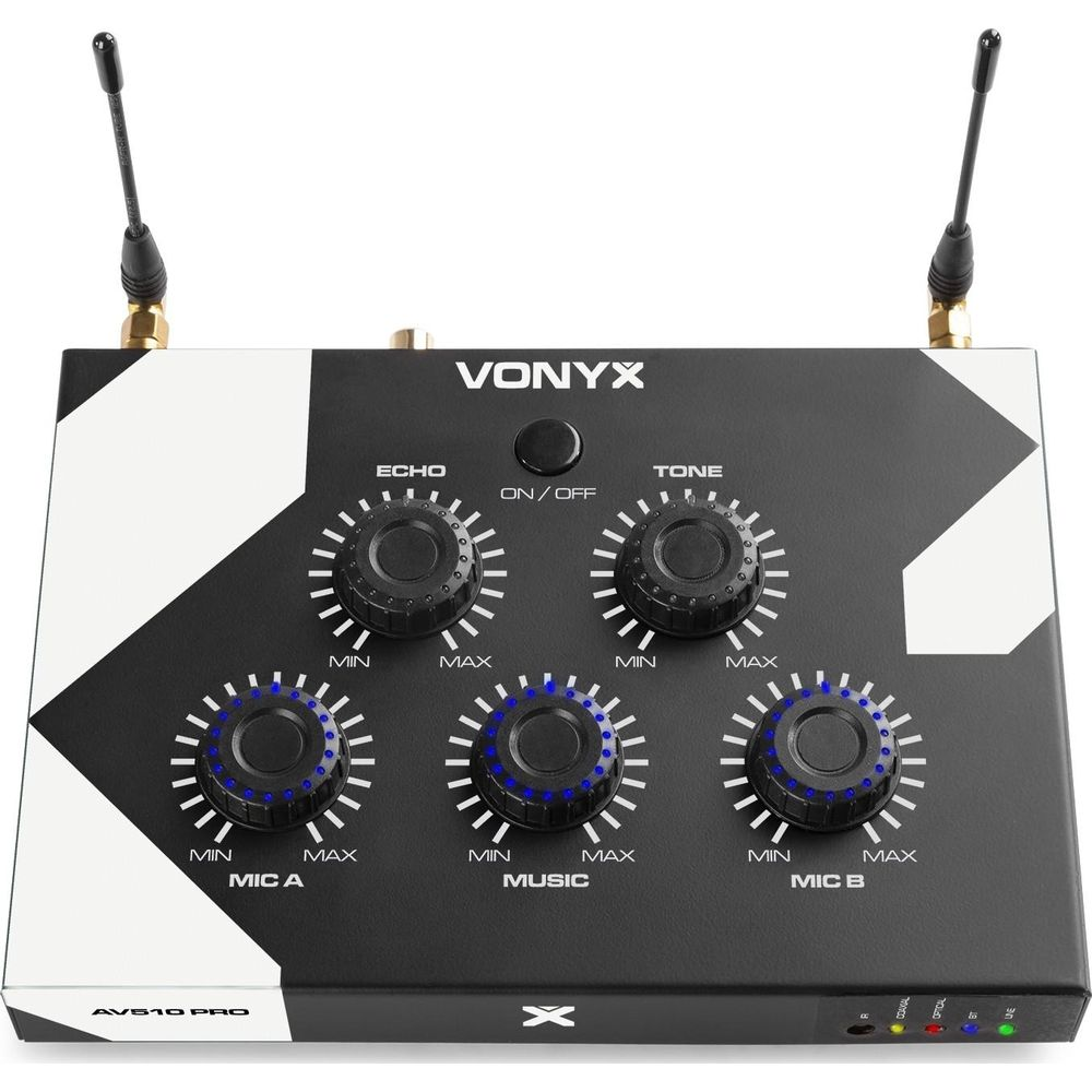 Mezclador de audio Vonyx con perillas para Eco, Tono, Mic A, Música y Mic B.