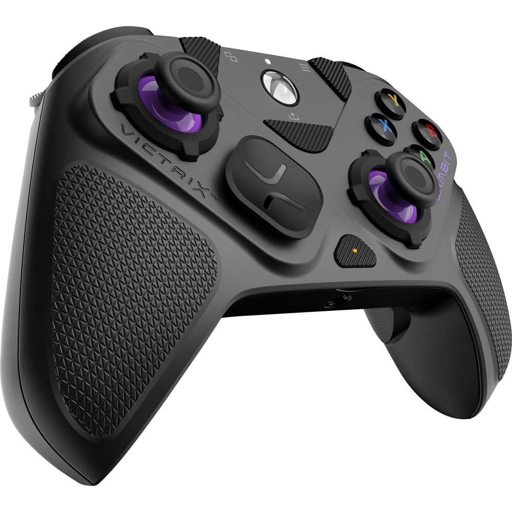 Ein schwarzer Gaming-Controller mit lila Akzenten und strukturierten Griffen.