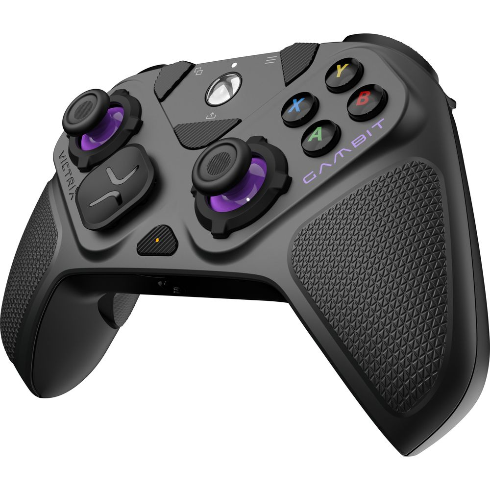 Ein grauer Gaming-Controller mit lila Akzenten und taktilen Knöpfen.